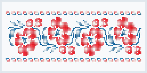 Red and blue floral dotted traditional Ukrainian Poltava region ornament. Large flower motif for decorative design