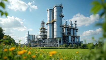 Modern industrial plant processes biomass for renewable energy. Tall silver silos and complex pipework stand against a blue sky with clouds, surrounded by green fields and trees.