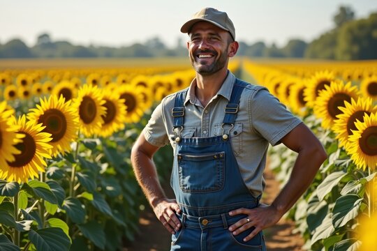 Confident Farmer Strikes Pose in Sunflower Field: Embracing Agriculture in Stylish Attire