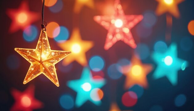 Festive shiny glowing stars hang against blurred colorful bokeh lights. Holiday ornaments give magical light in dark. Elegant decorative starry garland celebration. Merry christmas abstract - Powered by Adobe