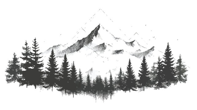 Serene Mountain Landscape with Lush Forest - Nature Drawing