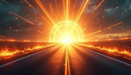 Empty road leads towards bright, energetic sunburst, fiery landscape. Journey into powerful, bright future with sustainable energy, technological advancements driving progress, innovation.