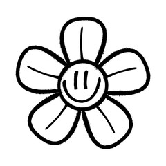 Smiling flower doodle with bold black lines on white background concept art.