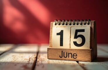 Old wooden calendar shows June 15 on rustic wood table. Red wall creates warm background with dramatic light shadows. Highlights important date, deadline, appointment, special summer event. Daily