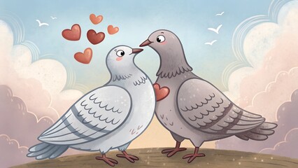Classic Valentine's Day romance. Couple of doves with hearts in a romantic atmosphere against a pastel sky