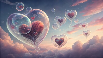 Classic Valentine's Day romance. Bubble heart balloons with dreamy atmosphere and floating clouds in pastel colors