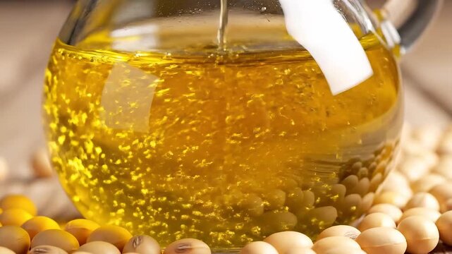 Pouring Golden Soybean Oil into a Glass Jug Surrounded by Soybeans.