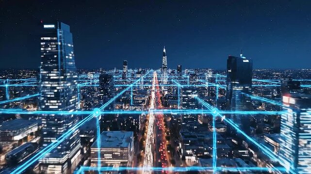 Cityscape at night with glowing blue network lines overlaying buildings