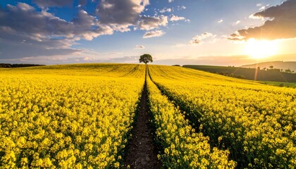 Field of yellow flowers with tree, and sunset.