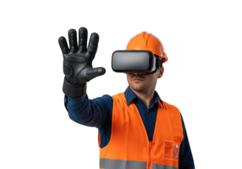 Construction worker wearing virtual reality headset and safety gear engaged in digital simulation isolated on transparent background