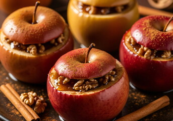 Baked apple dessert with caramel and oats baking, autumn treat