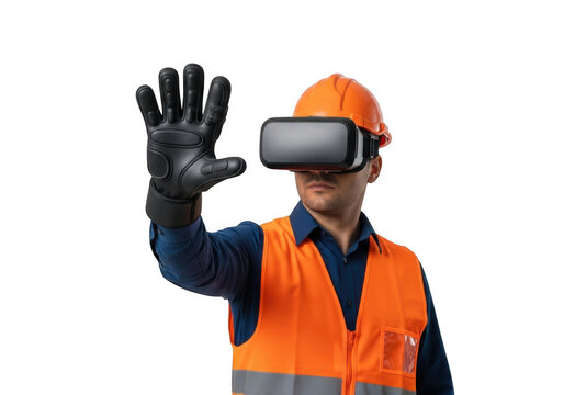 Construction worker wearing virtual reality headset and safety gear engaged in digital simulation isolated on transparent background