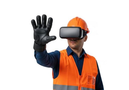 Construction worker wearing virtual reality headset and safety gear engaged in digital simulation isolated on transparent background