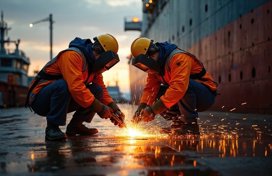 Two welders in safety gear work on shipyard at twilight. Sparks fly as they weld metal structures. Men wear helmets, masks, orange vests, and blue pants. They focus on job, building ship.