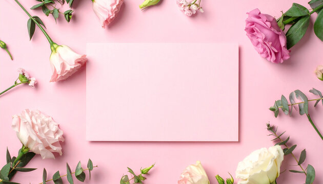 Flat lay of blank pink greeting card surrounded by fresh pastel flowers elegant composition. Mock-up.