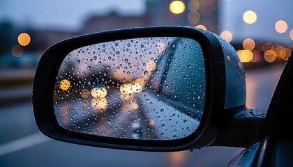 Rainy Car Mirror Bokeh Lights Urban Night Scene