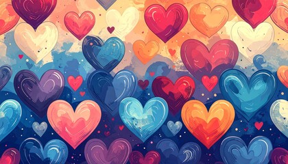 Colorful hearts pattern on watercolor background.