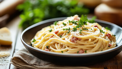 Pasta Carbonara in bowl on wooden table