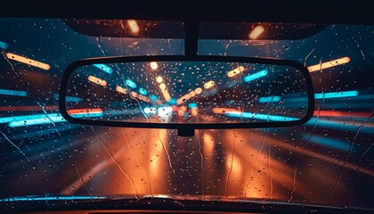 Rainy Car Mirror Bokeh Lights Moody Urban Night Scene