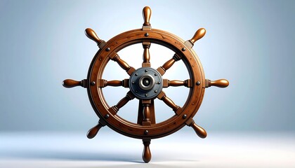 Obraz premium A detailed wooden ship's wheel against a gradient backdrop, symbol of guidance and nautical themes