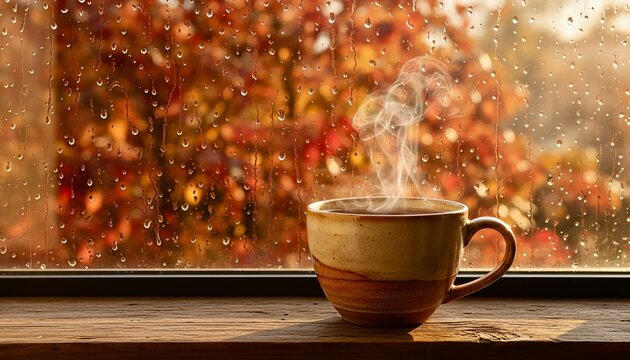 Steaming Tea Cup Rainy Window Cozy Warm Autumn Mood