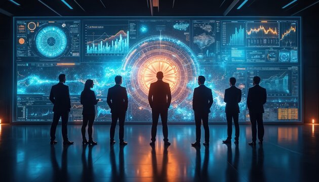 Business people analyze futuristic digital data on a large screen. Team reviews complex charts graphs and information, planning future strategy. Modern office with glowing tech displays.