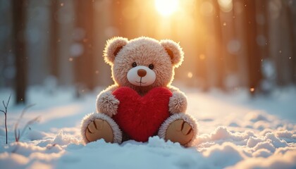 Cute teddy bear holding red heart in snowy forest. Brown teddy bear with white accents sits in snow on sunrise. Soft toy in winter landscape with trees. Cozy scene with fluffy bear, red plush heart.