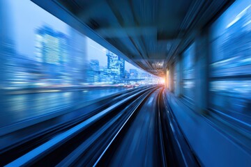Fototapeta premium Futuristic Blur: Train Motion Through Tokyo Tunnel with Abstract Cityscape and Blue Hues