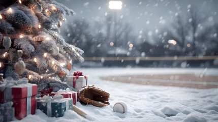 Christmas tree closeup with gifts on snowy baseball court with baseball glove, bat and ball lying in the snow. Concept of resting baseball sport during Christmas time.
