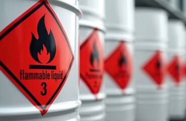 White barrels with flammable liquid hazard symbols stored in row. Marked with red diamonds showing flames, text flammable liquid, number 3. Safety precautions important for storing, transporting