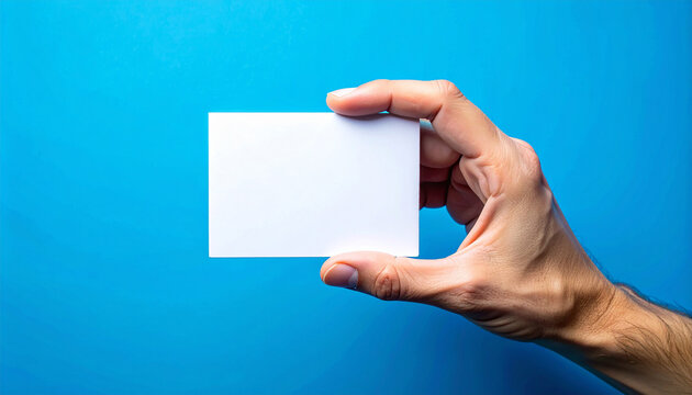 Hand holding blank card, vibrant blue background, minimalistic and clean presentation. Mock-up