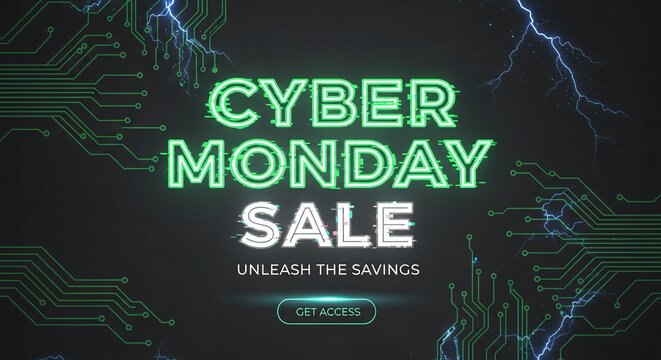 Electronic image of Cyber Monday Sale with green circuit board pattern, lightning, symbolizing digital marketing, special offers and tech promotions