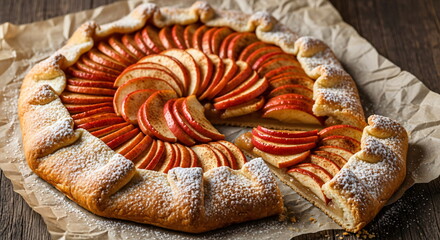 Delicious, homemade apple pie with golden crust, surrounded by fresh apples and cinnamon stick. Traditional autumn dessert for Thanksgiving.