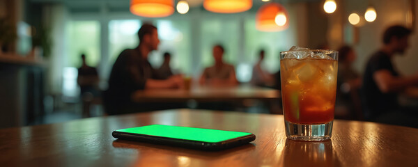 Iced drink is on wood desk near smartphone with green screen. People sit in cafe. Mockup cell phone rests. Drink next to modern cellphone shows workspace, summer chill, mobile leisure.