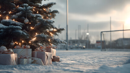 Christmas tree closeup with gifts on snowy soccer field, goal in background, snowfall and sun. Concept of resting soccer field during Christmas time.