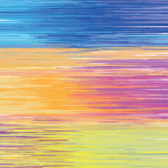 Abstract horizontal brush strokes in vibrant blue, yellow, pink, and green create a textured, colorful background.
