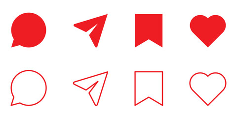 social media interface icon set in line style. like, unlike, comment, share, message, thumb and save simple black style symbol sign for apps and website, vector illustration.