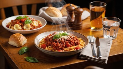 Cozy wooden table with spaghetti bolognese