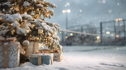Christmas tree closeup with gifts on snowy tennis court, tennis net in background. Concept of resting basketball sport during Christmas time.