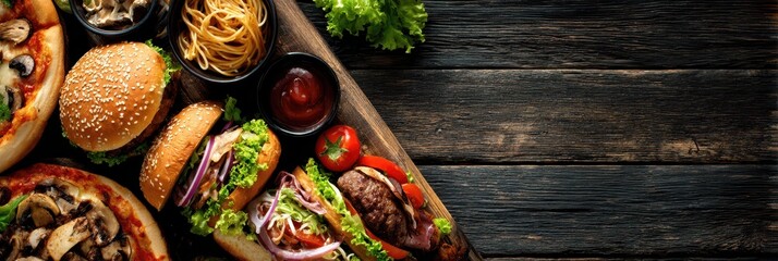 Delectable Lunch Spread: A Top View Arrangement of Tasty Meals on a Rustic Wood Canvas