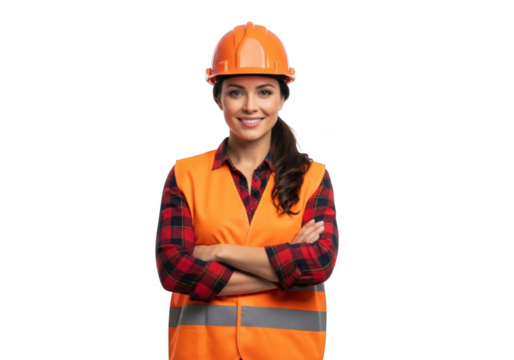 Smiling female construction worker wearing an orange hard hat and safety vest with arms crossed isolated on transparent background