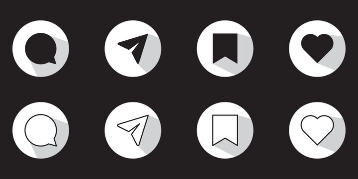 Like, comment, share and save icon set. social media notification icons , love favorite heart flat icons, post reactions collection set. Vector illustration