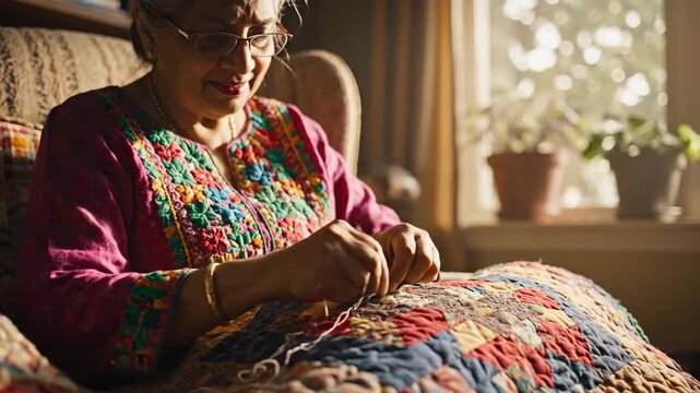 Elderly woman sewing colorful quilt in armchair sunlight through window