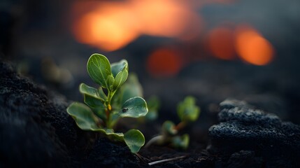 Resilient green plant emerges from volcanic earth a symbol of rebirth hope and enduring strength