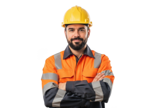 A construction worker wearing a yellow hard hat and high visibility safety vest with arms crossed isolated on transparent background - Powered by Adobe