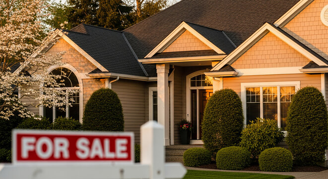 A two-story house with a gray roof and beige siding stands behind a "For Sale" sign, showcasing property market, home investment and real estate opportunity