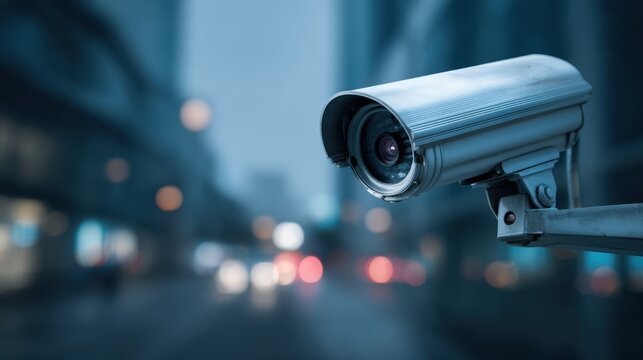 Medium shot of a hightech surveillance camera capturing clear footage in a modern security setup with dynamic urban background.
