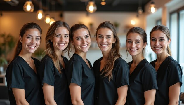 Six smiling women in black uniforms pose together for team photo. Pro group of beauticians, cosmetologists, spa workers, clinic staff. Happy female employees show dedication, teamwork, service