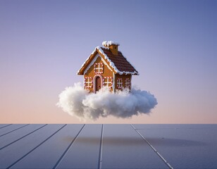 Whimsical Gingerbread House on Cloud Nine Above a Wooden Deck