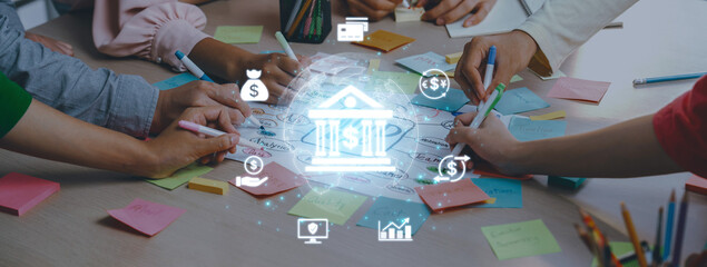 Concept of digital banking and global financial services. A network of secure online transactions, currency exchange, and money management for the international economy. Fermion